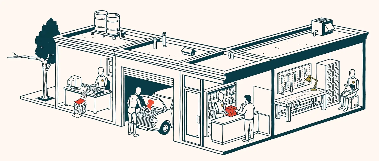 Before Tune-Up: one street of four units. An AI agent doing accounts with papers spilling in red, one fixing a car with red smoke from the engine, one handing a crushed red parcel to a customer, and Tune-Up's workshop